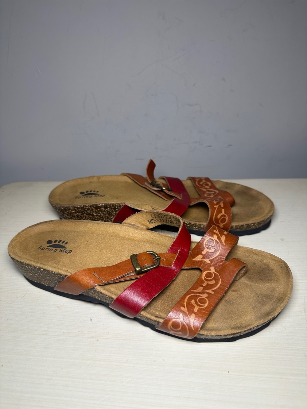 Spring Step Messaline Red & Brown Leather Buckle Slide Sandals
